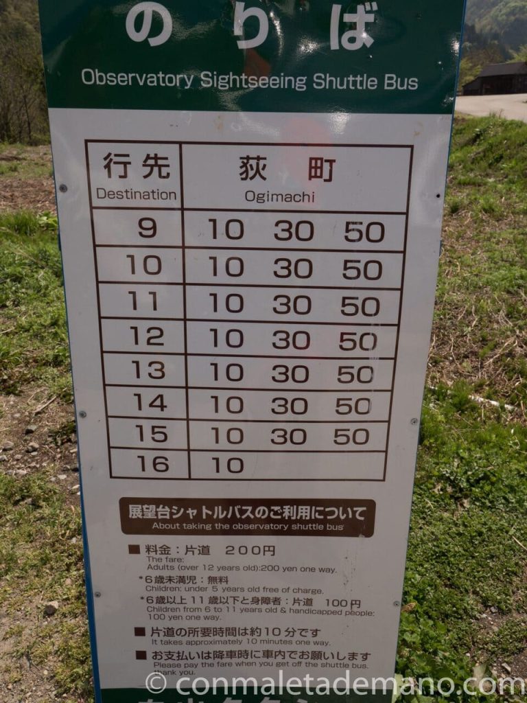 Horarios de bajada del Mirador de Shiroyama a Shirakawago